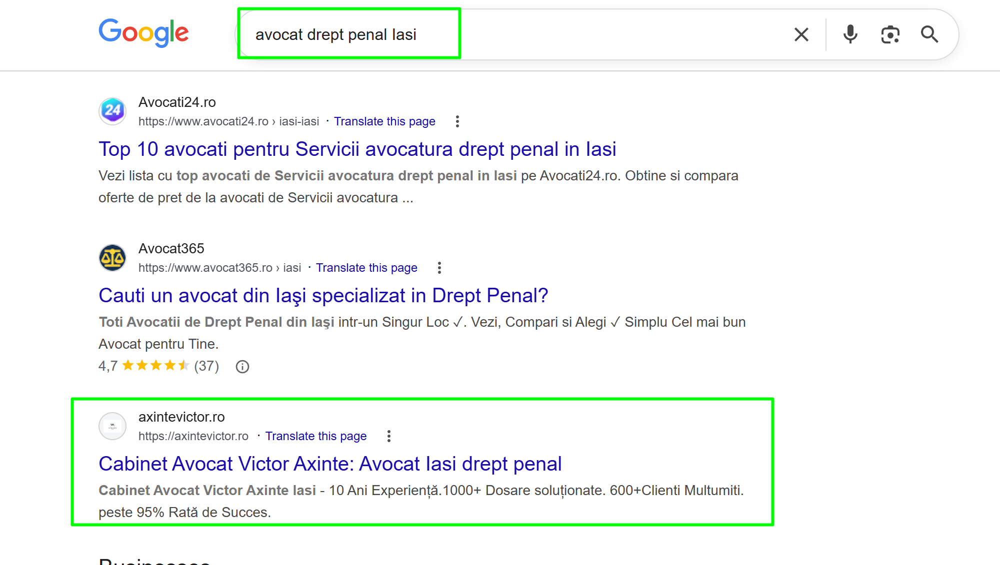Cabinet Avocat Victor Axinte pozitia 3 organic in Google pentru avocat drept penal Iasi