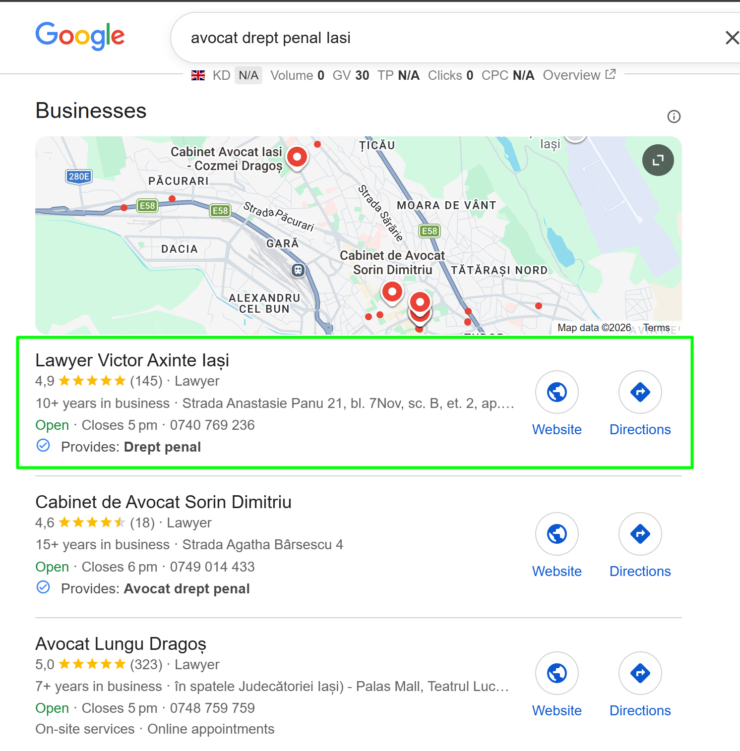 Cabinet Avocat Victor Axinte pozitia 1 in Google Business Profile pentru avocat drept penal Iasi