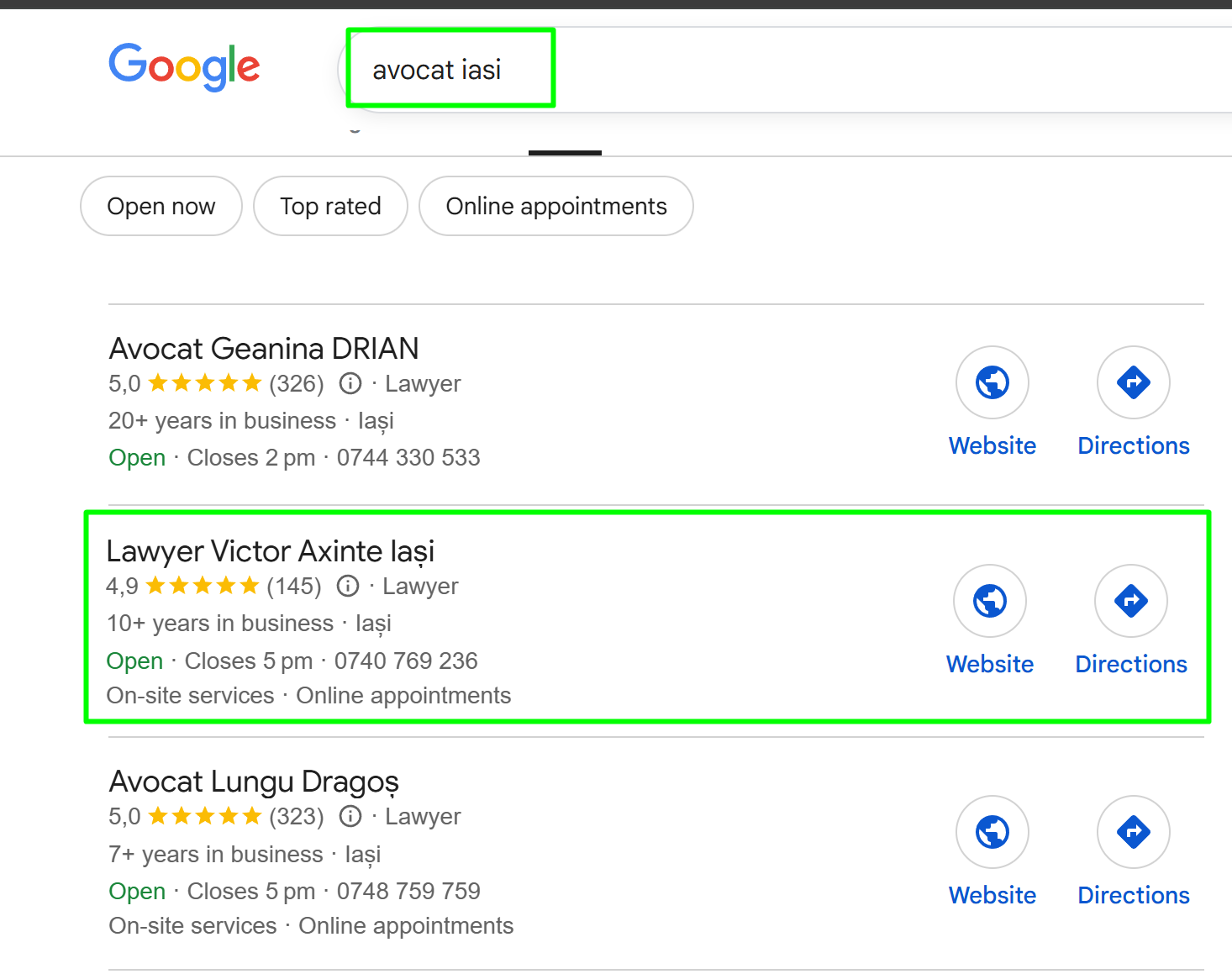 Lawyer Victor Axinte pozitia 4 in Google Business Profile pentru avocat Iasi