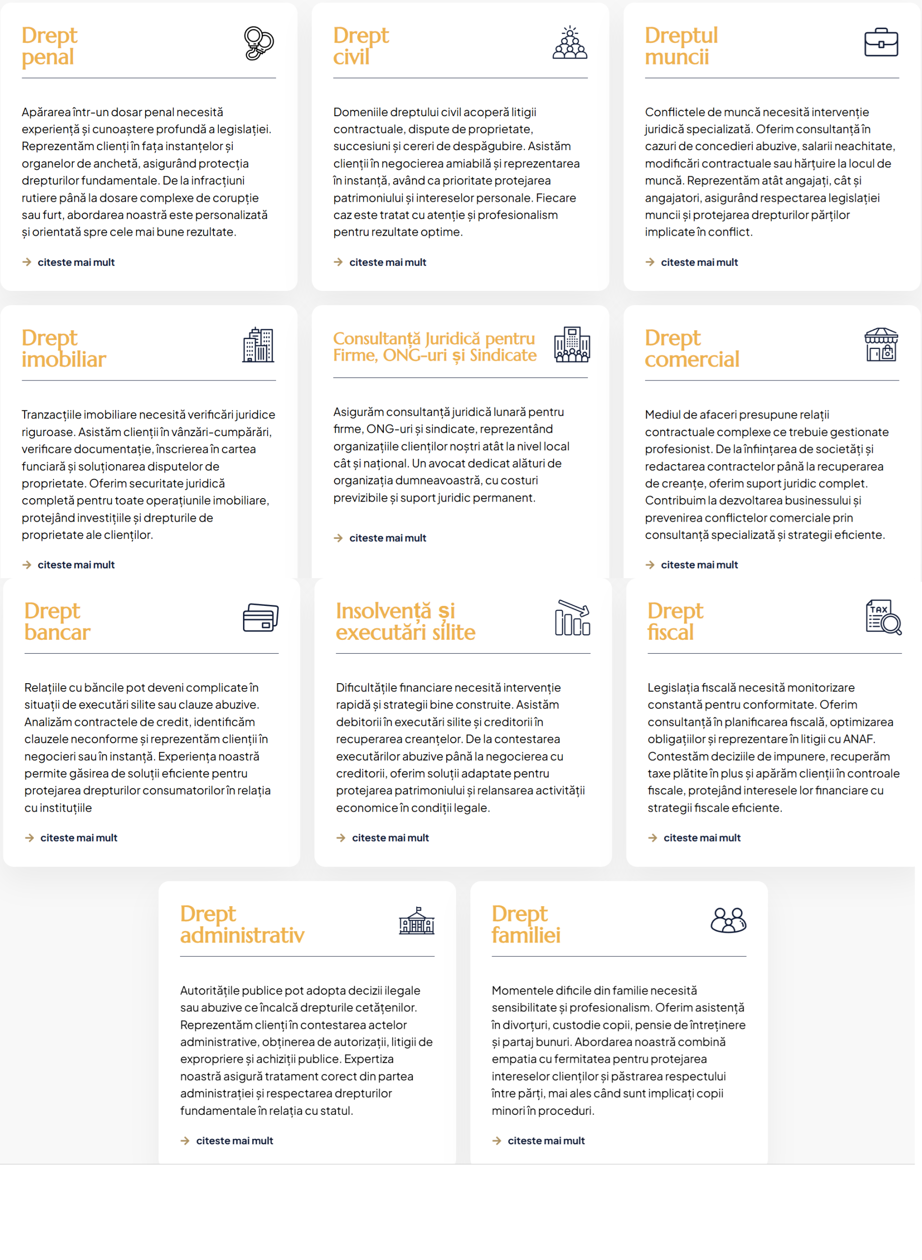 Lista de servicii Cabinet Avocatura Liviu Bran - structura SEO scalabila pe 10 arii de drept